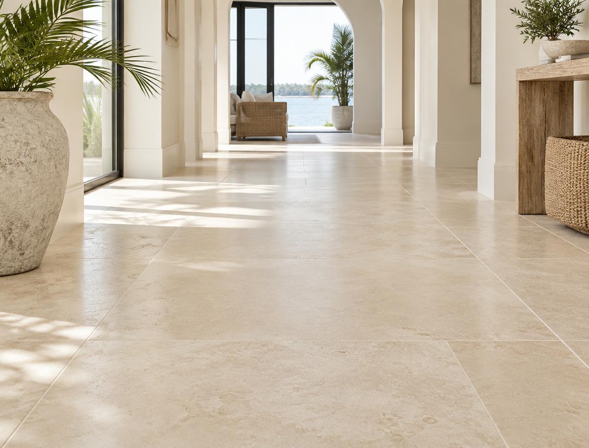 Freshly cleaned pale tile floor in a coastal home